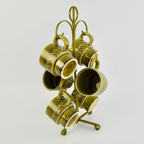 Vintage Avocado Green Japan Coffee Mugs Set of 6 With Storage Tree - Picture 8 of 10